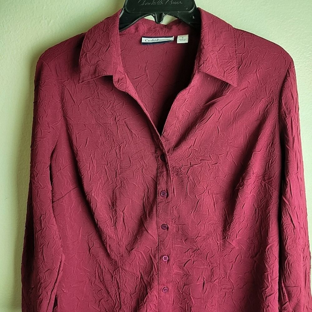 Croft & Barrow Women's Burgundy Crinkle Textured Button Down Shirt Blouse, Sz S